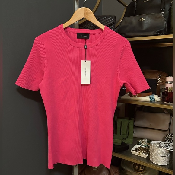 NWT Karen Millen FITTED Ribbed Crewneck Knit Tee Fuschia Pink XXXL Plus Size - Picture 2 of 7